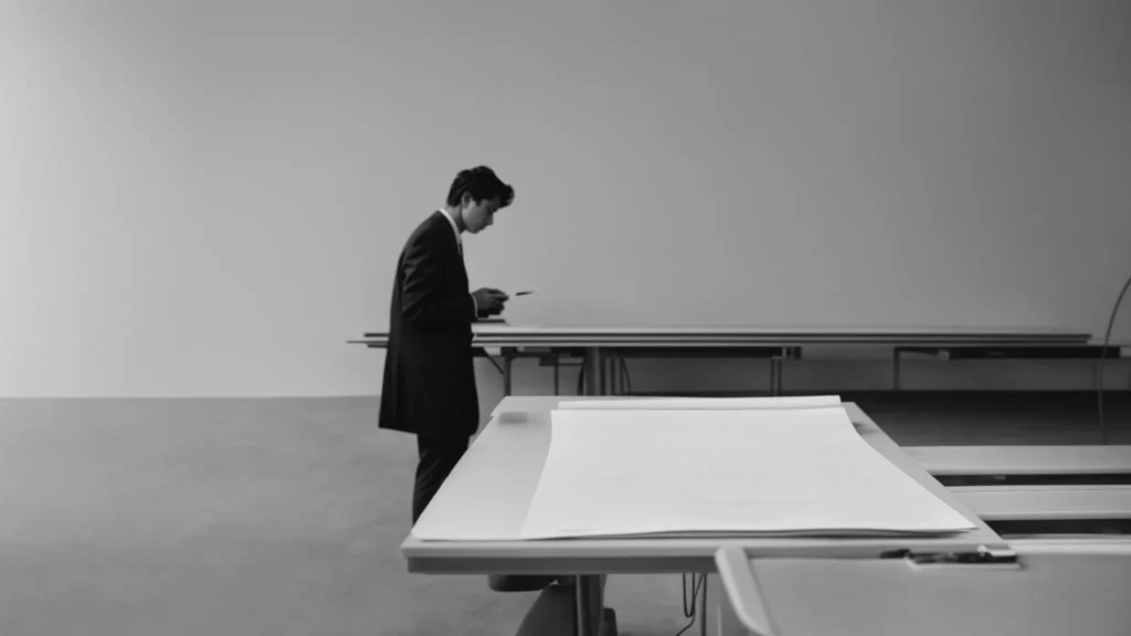 an individual stands in front of a large, open tax form, holding a pencil thoughtfully.