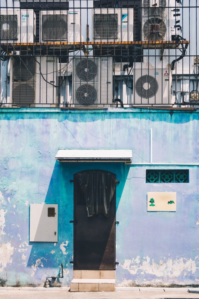 a building with a black door