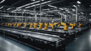 rows of robotic arms efficiently assembling products on a conveyor belt in a high-tech manufacturing plant.