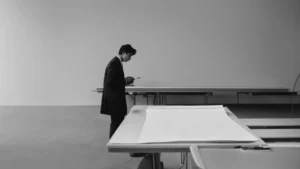 an individual stands in front of a large, open tax form, holding a pencil thoughtfully.