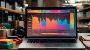 a laptop screen displaying colorful graphs and charts next to a shopping cart filled with boxes and a credit card.