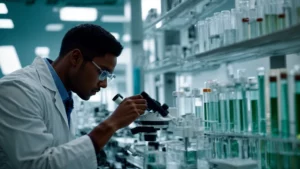 a researcher in a lab coat peers into a microscope beside a rack of test tubes, in a brightly lit laboratory.