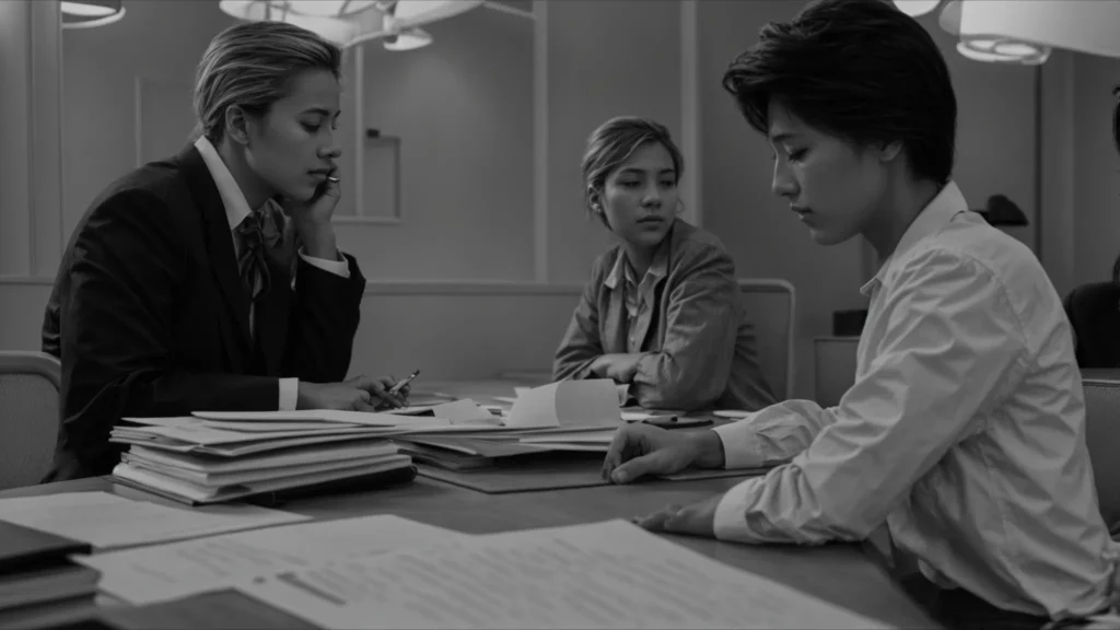 two people sit across from each other with a mediator at a large table, discussing documents.