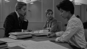 two people sit across from each other with a mediator at a large table, discussing documents.