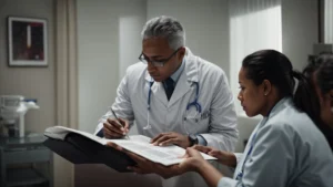 a medical professional is consulting with a patient about their health risks using a comprehensive guide.