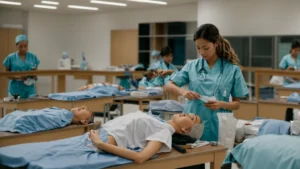 a classroom setting with healthcare professionals practicing chest compressions on training mannequins.
