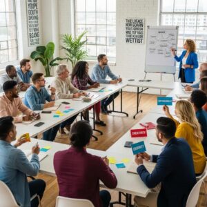 Diverse individuals engaged in a personal development workshop, showcasing empowerment and collaboration