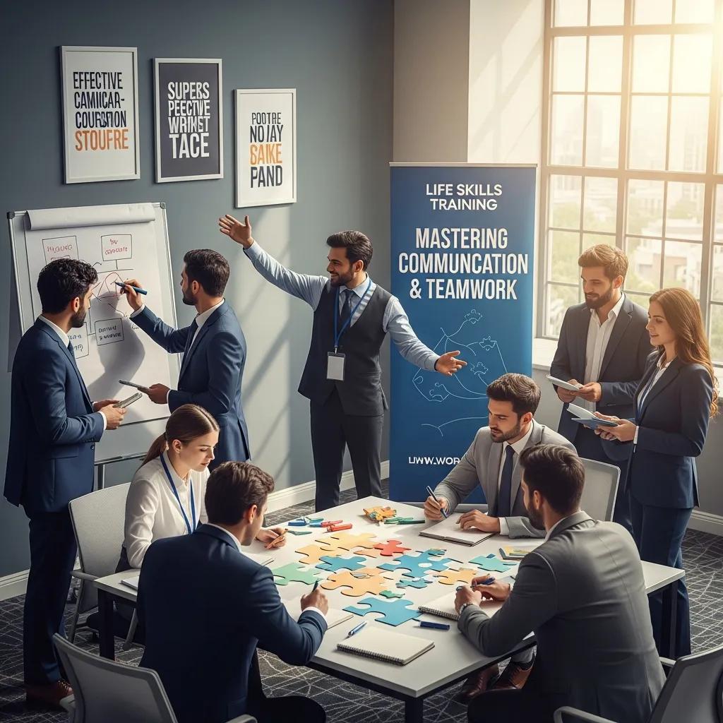 Participants engaged in a teamwork exercise during a life skills training session, focusing on communication and leadership
