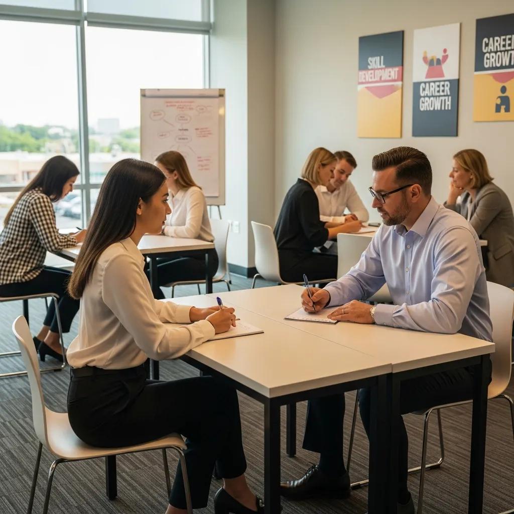 Participants practicing interview techniques in a professional workshop setting, enhancing career skills