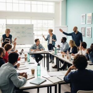 Diverse individuals engaged in a personal development workshop, showcasing empowerment and collaboration