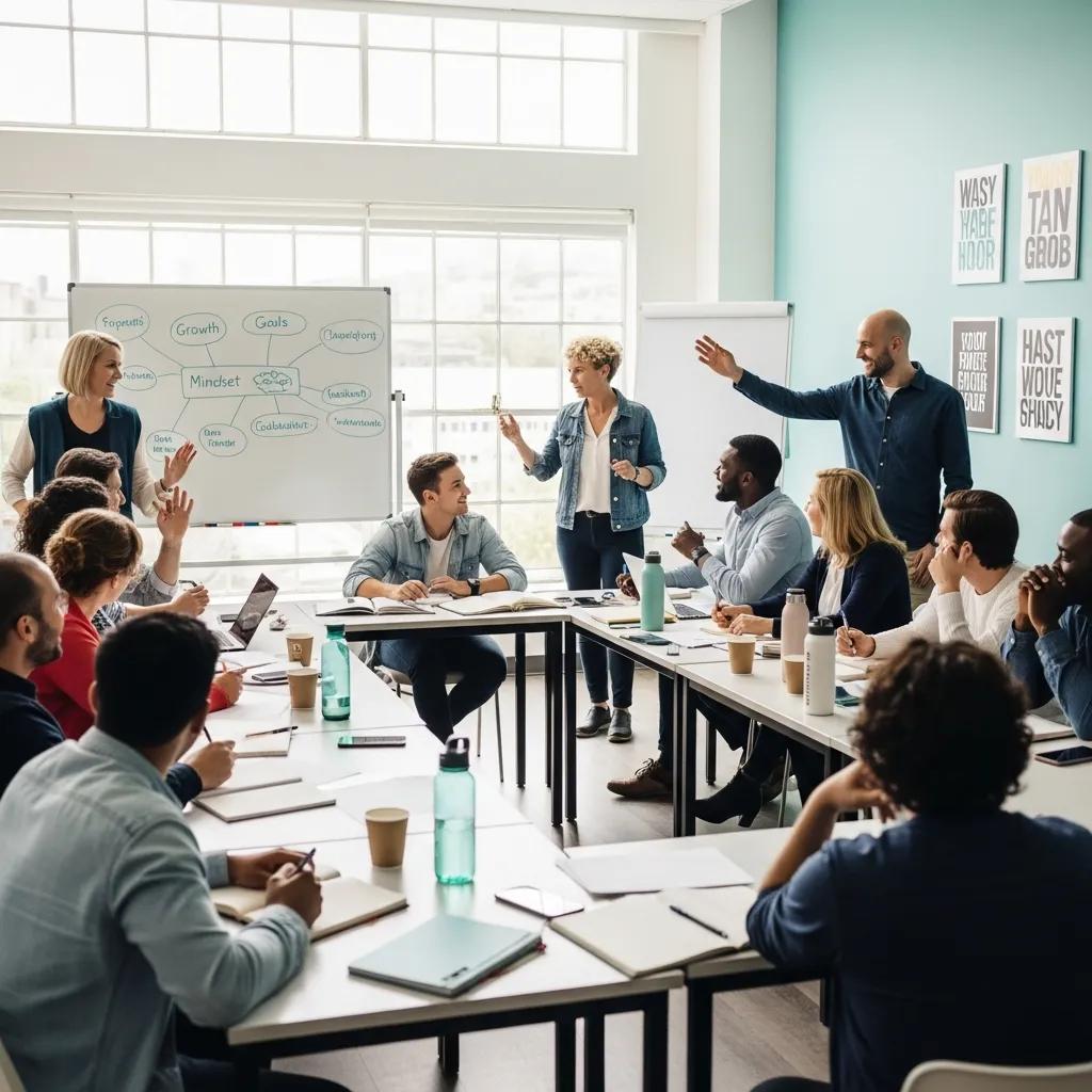 Diverse individuals engaged in a personal development workshop, showcasing empowerment and collaboration